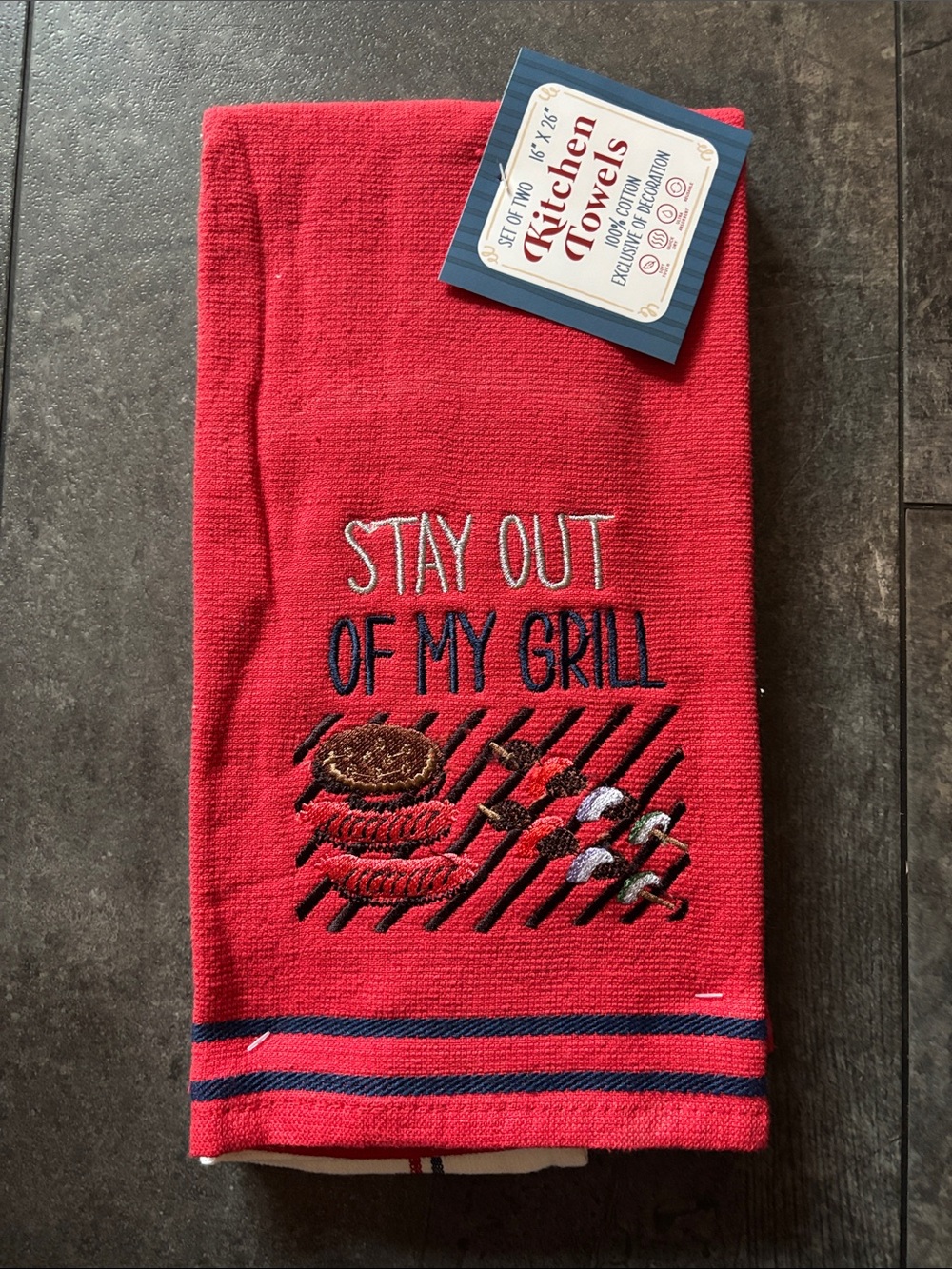 Red 'Stay Out Of My Grill' Embroidered Kitchen Towel